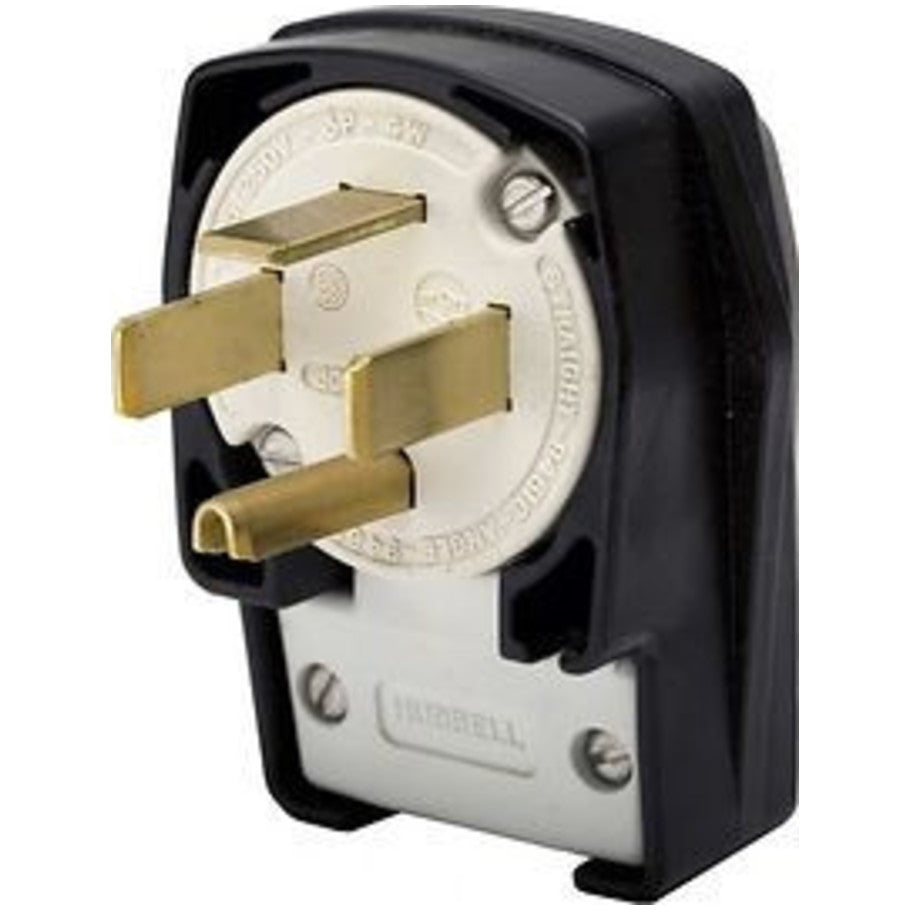 Straight Blade Plug, Angled, 4-Position, 60A, 125/250V, 3P4W, NEMA 14-60P, Cord Dia. 0.625 to 1.310 in., Black/White