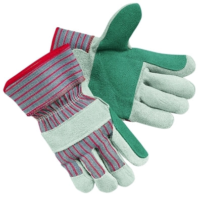 Industrial Standard Shoulder Split Gloves, Large, Double Palm, C Grade Shoulder Leather, Cotton, Green/Gray w/Red Stripes