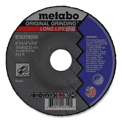 LongLife Original Grinding Wheel, T27, A24R, 6 in, 1/4 in Thick, 7/8 in Arbor, 10200 RPM, Aluminum Oxide