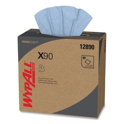 WypAll POWERCLEAN X90 Ultra Duty Cloth, Denim Blue, 8.3 in W x 16.8 in L, 68/Box, Pop-Up Box
