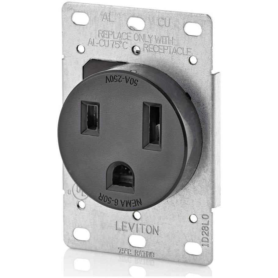 Straight Blade Receptacle, Grounding, 50A, 250V, 2-Pole, 3-Wire, NEMA 6-50R, Black, Maximum of 4 AWG, Side Wired