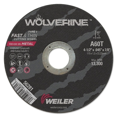 Wolverine Cut-Off Wheel, Type 1, AO, 4-1/2 in dia x 7/8 in AH x 0.045 in Thick, 60T, 1 EA/EA