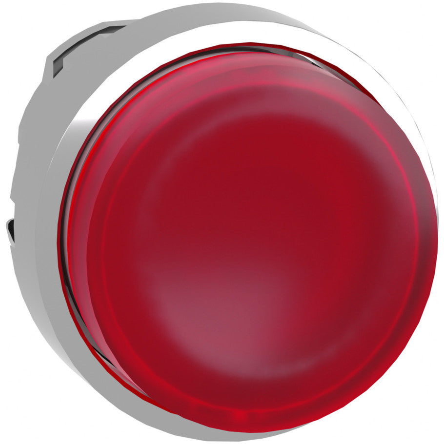 Head for illuminated push button, Harmony XB4, metal, red projecting, 22mm, universal LED, spring return, plain lens