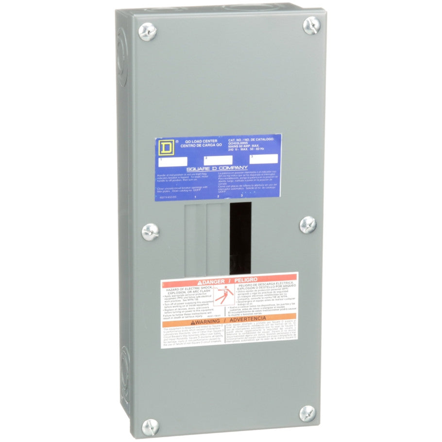 Load center, QO, 3 phase, 3 spaces, 3 circuits, 60A main lugs, NEMA1, neutral gnd bar, surface cover