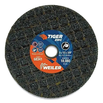Tiger Snagging Wheel, 3 in dia x 1/2 in Thick x 3/8 in Arbor, 14 Grit, Zirconia Alumina, Type 1, 10 EA/BX