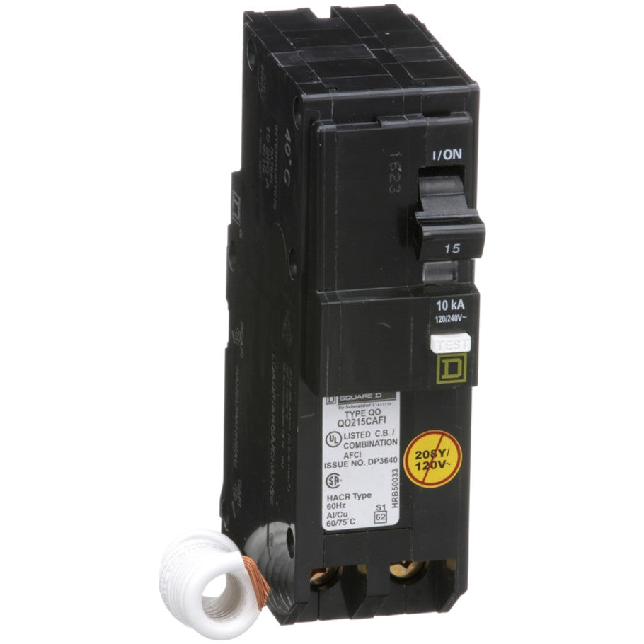Mini circuit breaker, QO, 15A, 2 pole, 120/240VAC, 10kA, plug in, combo ARC fault, pigtail  TAA