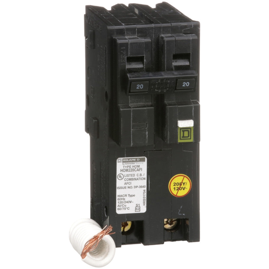 Mini circuit breaker, Homeline, 20A, 2 pole, 120VAC, 10kA AIR, combo arc fault, pigtail neutral, plug in, UL  TAA