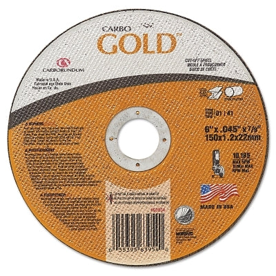 Carbo GoldCut Reinforced Aluminum Oxide Abrasive, 6 in dia, 0.045 in Thick, 7/8 in Arbor, 46 Grit