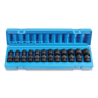 Impact Socket Set, 3/8 in Dr, SAE, 6-point, 5/16 in to 1 in, 12-Pc Semi-Deep Length Universal