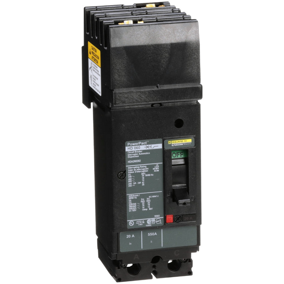 PowerPact Molded Case Circuit Breaker, I-Line Mount, H-Frame, Thermal Magnetic, 2-Pole, 600V, 14kA, 20A