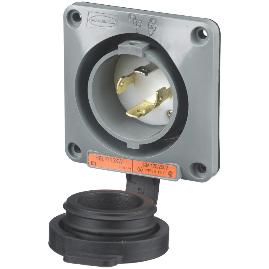 Watertight Safety-Shroud, Locking Devices, Twist-Lock, Flanged Inlet, 30A 125/250V AC, 3-Pole 4-Wire Grounding, Gray