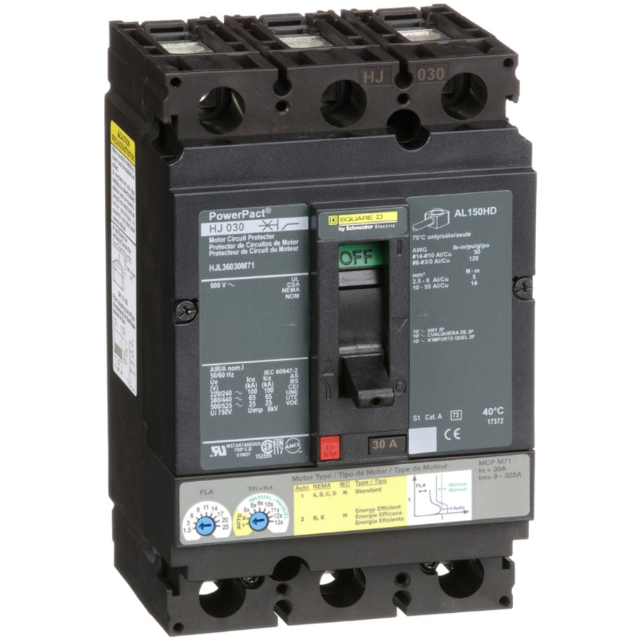 PowerPact Electronic Motor Circuit Protector (MCP), H-Frame, Unit Mount, 25kA, 600 Vac, 3-Pole, 30A