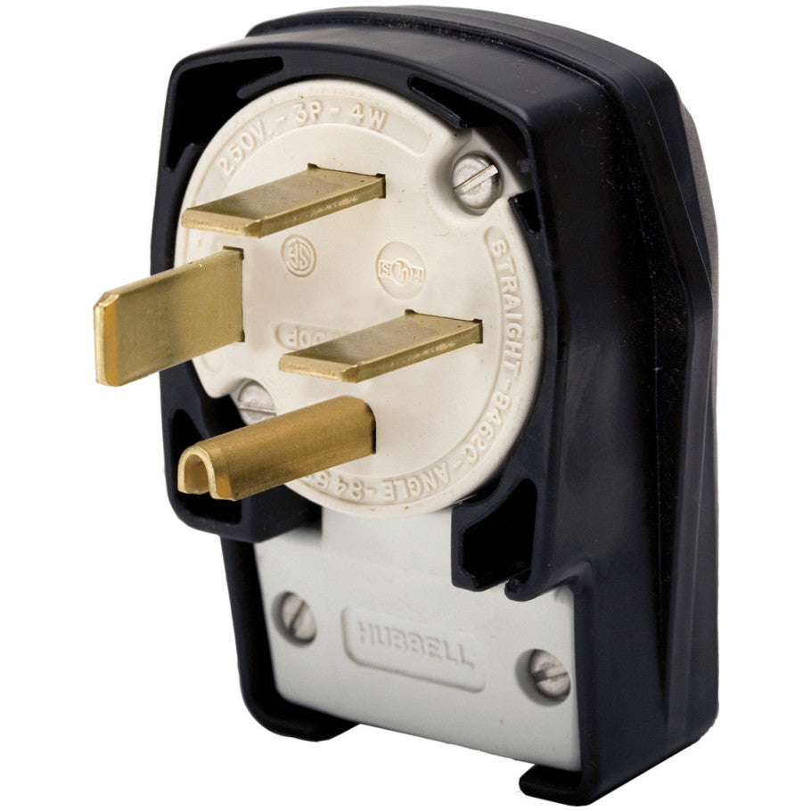 Straight Blade Plug, Angled, 4-Position, 60A, 3-Phase 250V, 3P4W, NEMA 15-60P, Cord Dia. 0.625 to 1.310 in., Black/White