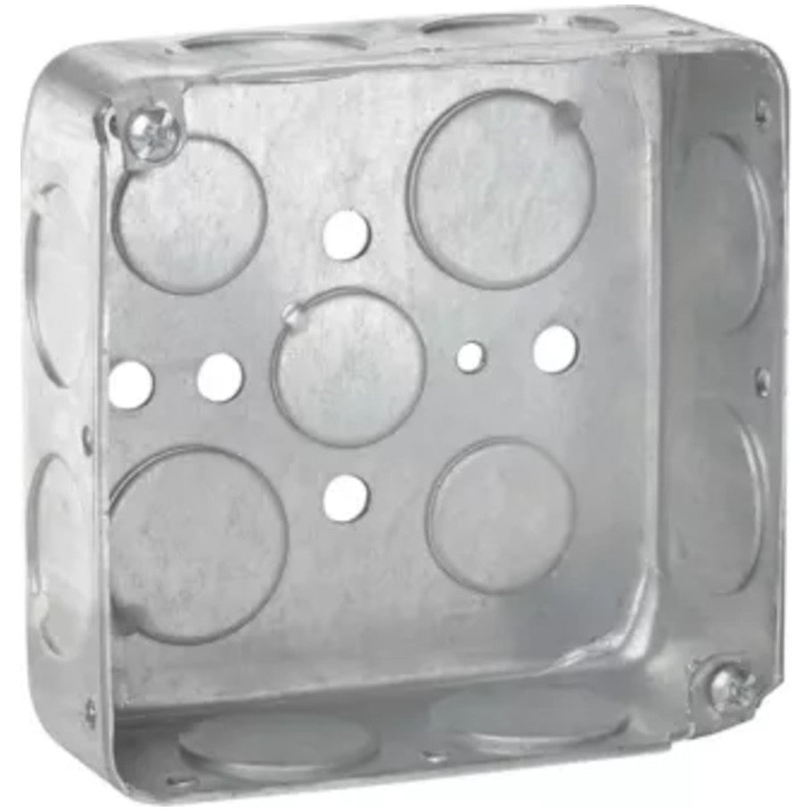 4 Square Box, Steel, Drawn, 1-1/2 in. D, (8) 3/4 in. Side KO, (3) 1/2   (2) 3/4 in. Bottom KO