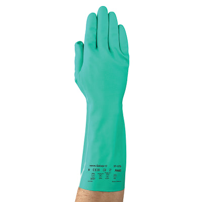 37-175 Nitrile Gloves, Gauntlet Cuff, Cotton Flock Lined, Size 7, Green, 17 mil