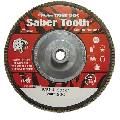 Tiger Saber Tooth Ceramic High Density Abrasive, 7 in dia, 80 Grit, 5/8 in-11 UNC Nut, 8,600 RPM, Type 27