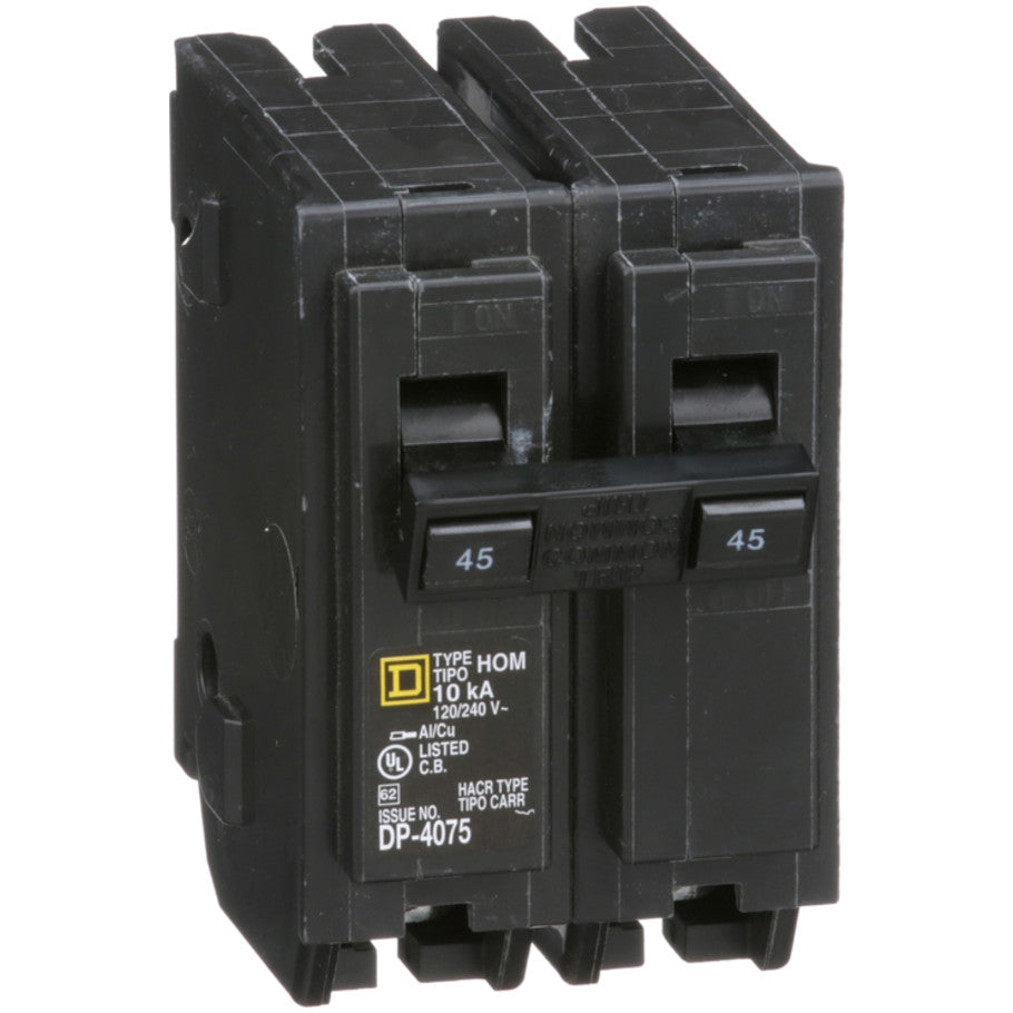 Homeline Circuit Breaker, Plug-In, 10kA, 120/240 Vac-Common Trip, 2-Pole, 45A
