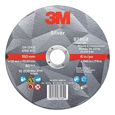3M 051125-87469 Silver Cut-Off Wheel, Precision Shaped Ceramic, 6 in Dia, 60 Grit, 0.875 Arbor Dia