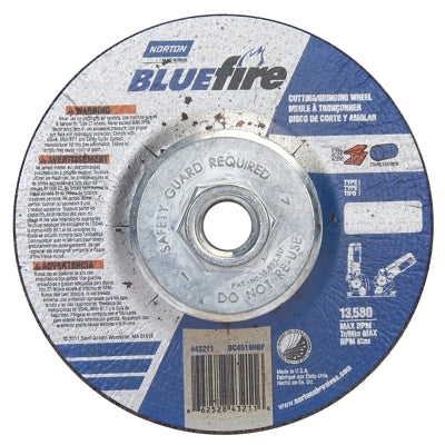 Bluefire Type 27 Depressed Center Wheel, 4-1/2 in x 1/8 x 5/8-11, 24 Grit, Zirconia Alumina