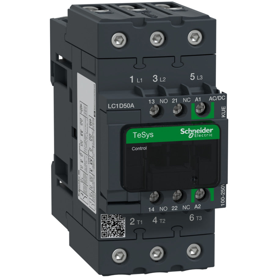 IEC Contactor, TeSys Deca Green, Nonreversing, 50A, 40HP at 480VAC, Up to 100kA SCCR, 3 Phase, 3 NO, 100/250VAC/VDC coil