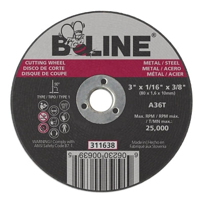 Cutting Wheel, 3 in dia, 1/16 in Thick, 3/8 in Arbor, 36 Grit, Aluminum Oxide