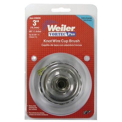 Vortec Pro Knot Wire Cup Brush, 3 in dia, 5/8 in-11 Arbor, 0.02 in Carbon Steel Wire