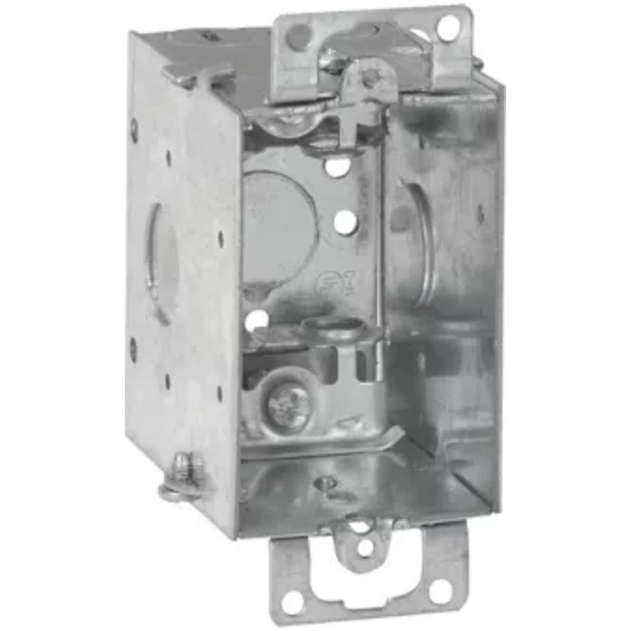 Steel Switch Box, 3x2, Gangable, 2-3/4 in. D, (4) Side Cable Clamps   (2) 1/2 in. KO, (1) 1/2 in. Bottom KO, Mounting Ears