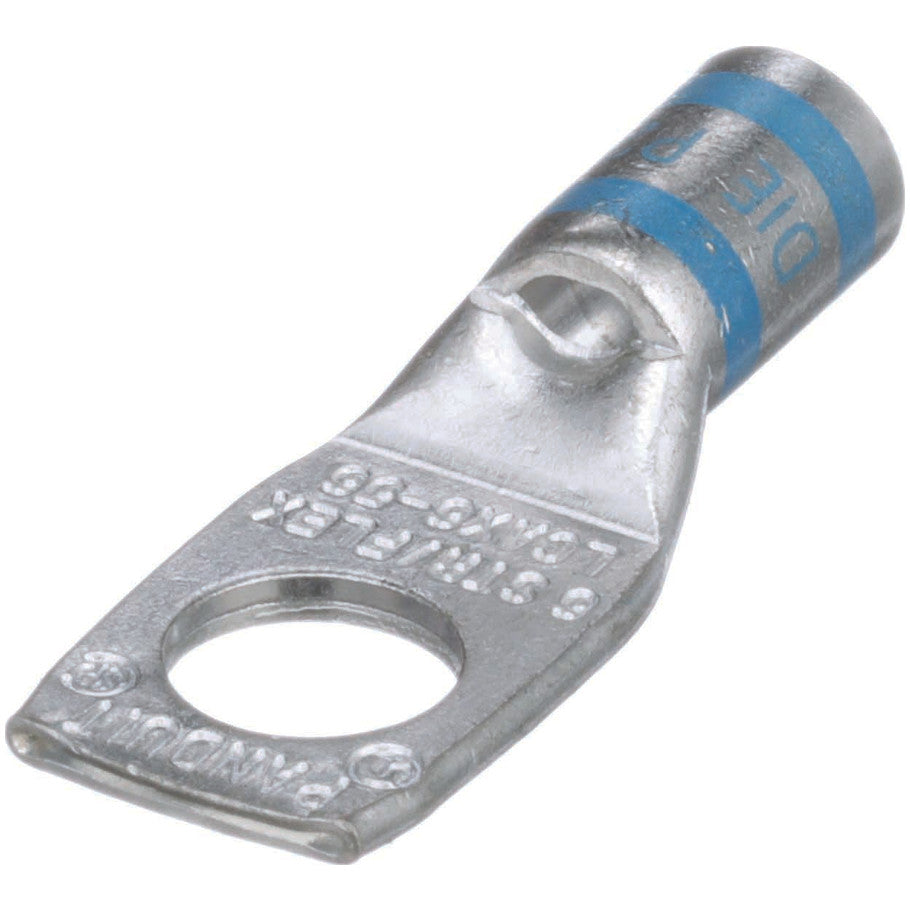 Pan-Lug Compression Lug, 1-Hole, Flex Conductor, Tin-Plated Copper,  6 AWG, 5/16 Stud, Straight Barrel, Blue