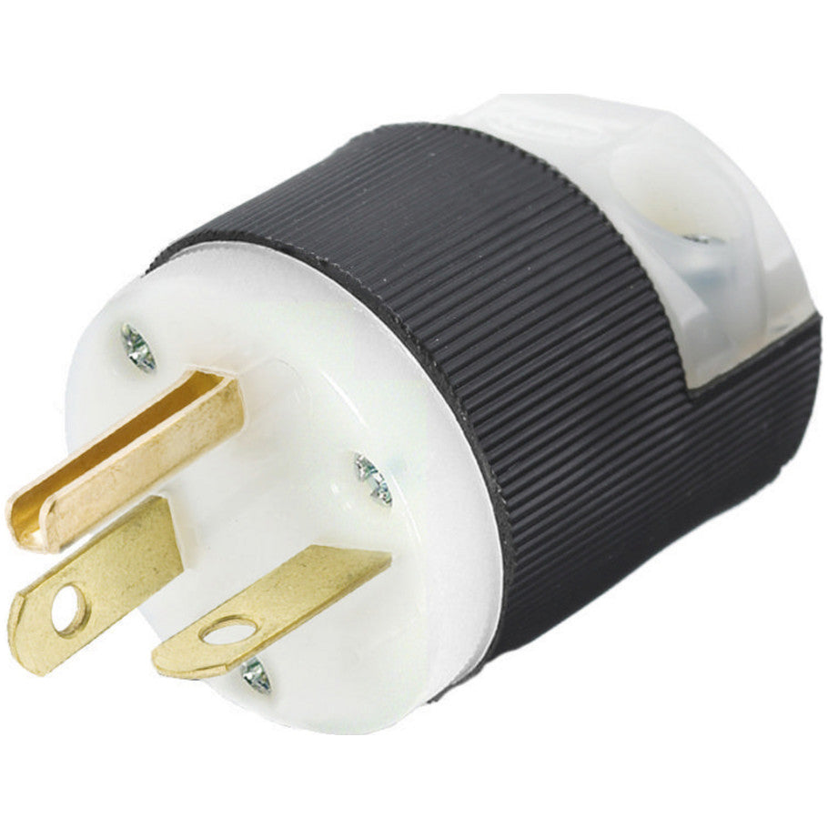 Insulgrip Straight Blade Plug, 20A, 250V, 2P3W, VARI-SIZE Adjustable Cord Clamp, Cord Dia. 0.230 to 0.720 in., Black/White