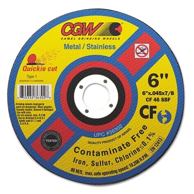 Contaminate Free Cut-Off Wheel, 6 in Dia, .045 in Thick, 36 Grit Alum. Oxide