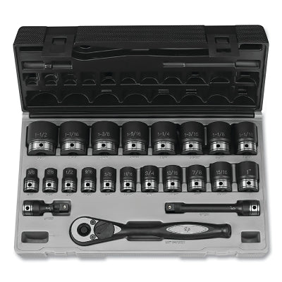 Duo-Socket Impact Socket Set, 1/2 in Dr, 12 -pt, Std, Incl (19) SAE SKTs/Ratchet/Exts/Case, 22 Pc
