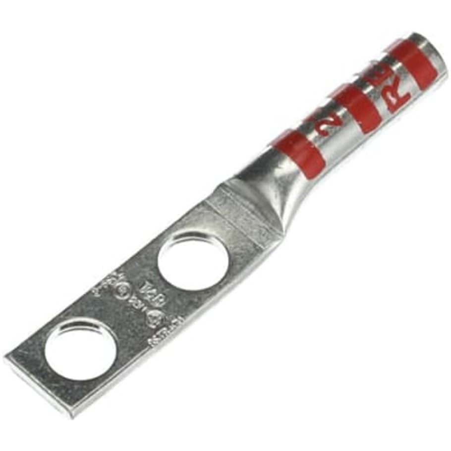 Copper Two-Hole Lug, Long Barrel, Blind End, Max 35kV, Wire Size  8 AWG, 1/4 Inch Bolt Size, Die Color Code Red