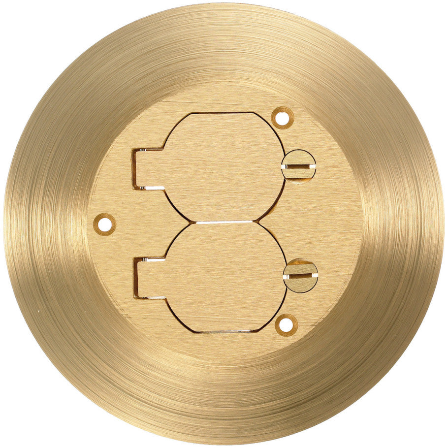 One Piece Floor Box Cover and Carpet Flange, Brass, 6.25 in. Diameter, (1) Duplex Receptacle Flap Lid