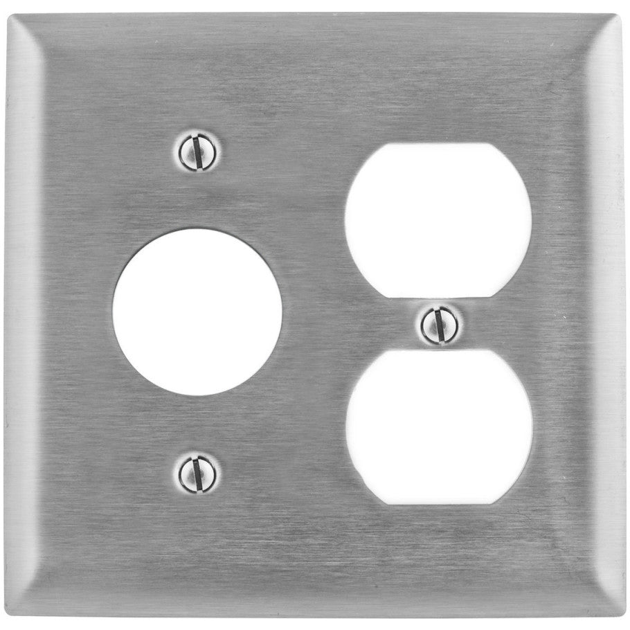 2 Gang Combination (1) Duplex Receptacle and (1) Single Receptacle Stainless Steel Wall Plate with 1.40 in. Dia. Device Opening