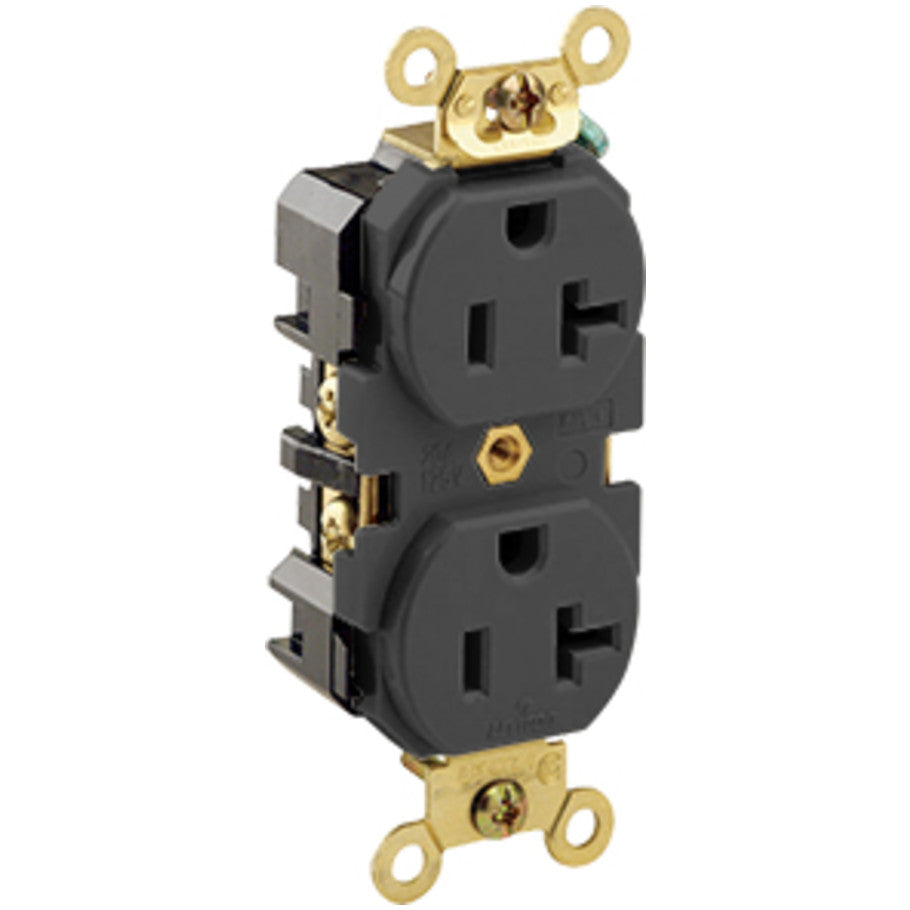 Straight Blade Duplex Receptacle, 20A, 125V, 2P3W, NEMA 5-20R, Self-Grounding, Back and Side 8-Hole Feed-Thru Wired, Black