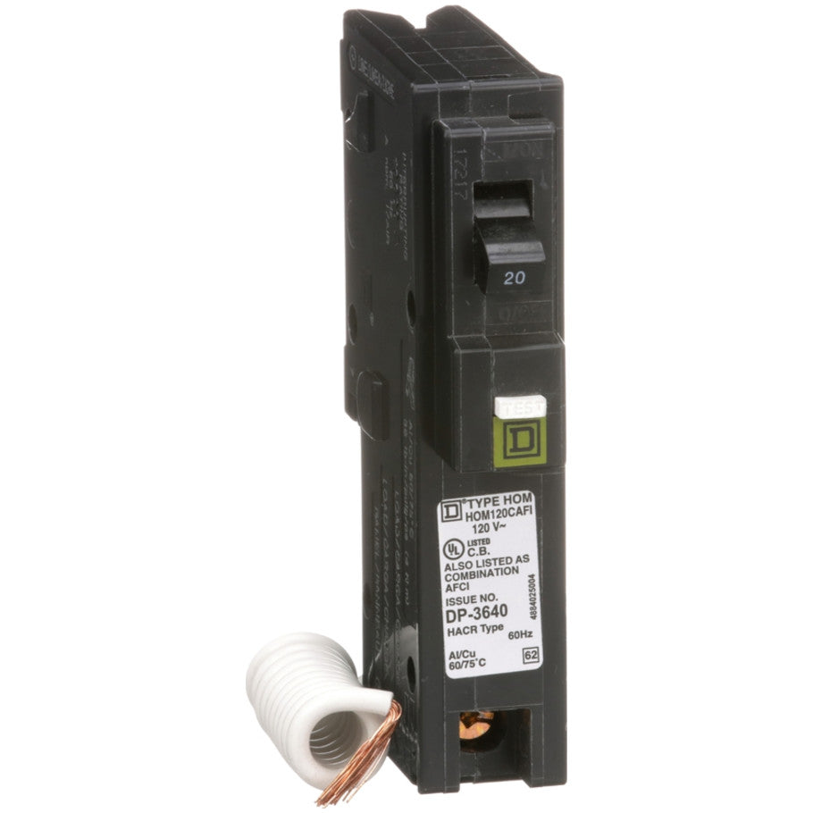 Mini circuit breaker, Homeline, 20A, 1 pole, 120VAC, 10kA AIR, combo arc fault, pigtail neutral, plug in, UL  TAA