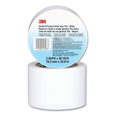 3M 021200-43183 General Purpose Vinyl Tape 764, 3 in x 36 yd x 5 mil, White