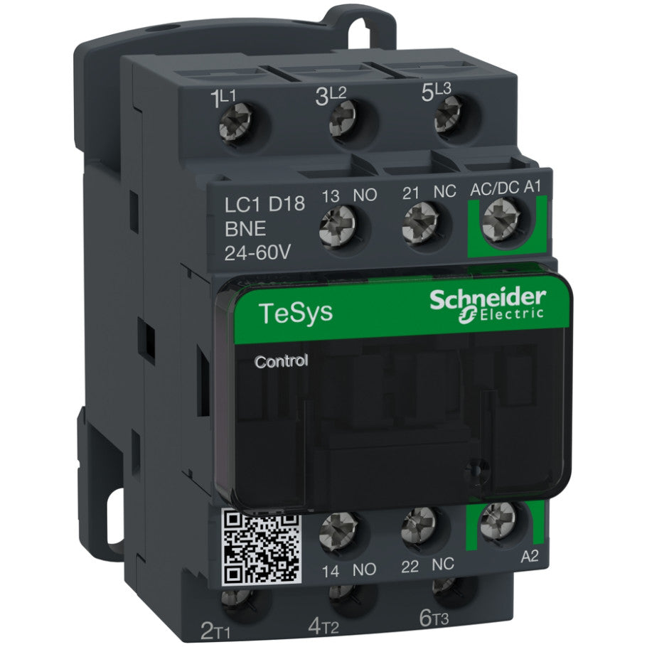 IEC Contactor, TeSys Deca Green, Nonreversing, 18A, 10HP at 480VAC, Up to 100kA SCCR, 3 Phase, 3 NO, 24/60VAC/VDC coil
