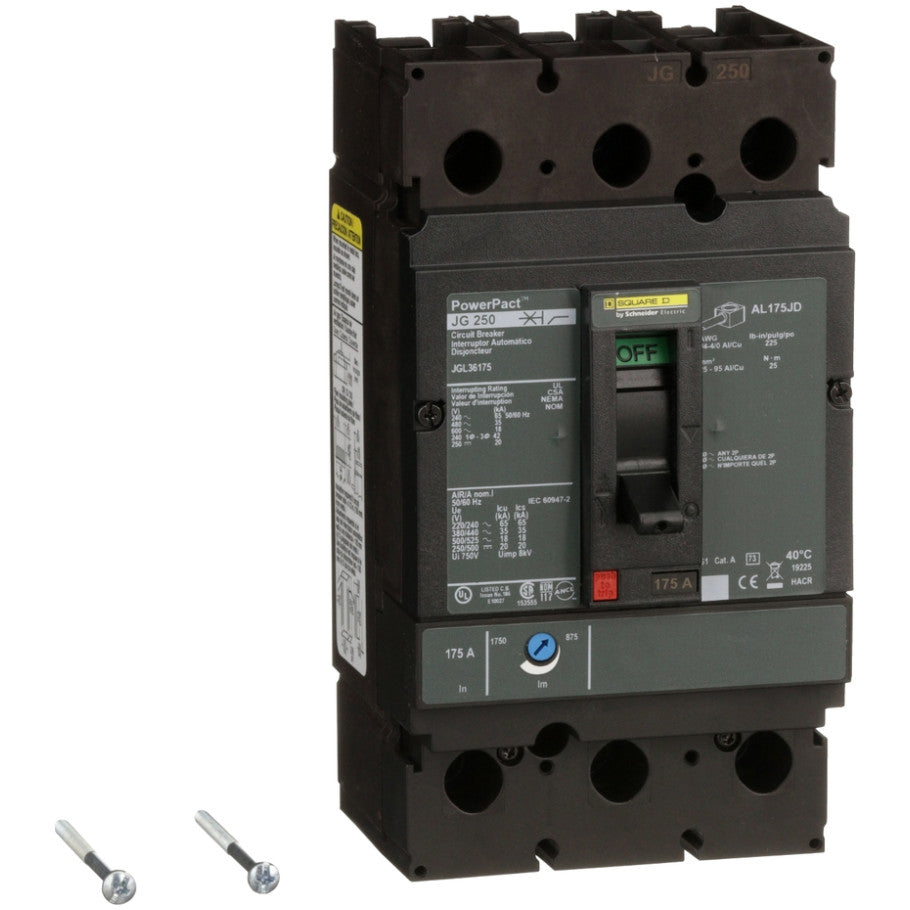 PowerPact Molded Case Circuit Breaker, J-Frame, Thermal Magnetic, Unit Mount, 18kA, 600 Vac/250 Vdc, 3-Pole, 175A