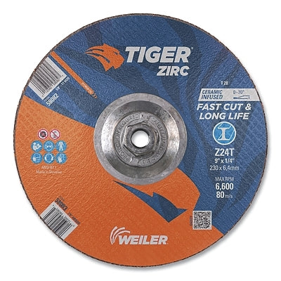 Tiger Grinding Wheel, 9 in dia x 1/4 in Thick x 5/8 in-11 Arbor, 24 Grit, Zirconia Alumina/Ceramic, Type 28, 10 EA/BX