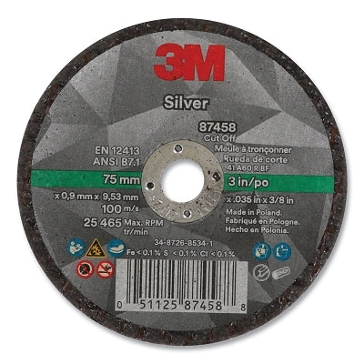 3M 051125-87458 Silver Cut-Off Wheel, Precision Shaped Ceramic, 3 in dia, 0.375 in arbor, 60+ Grit, Center Hole