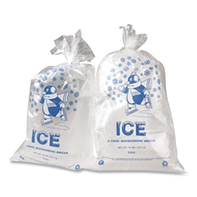 Ice Bag, 12 in W x 21 in H, Natural with Blue Print, Includes Twist Ties
