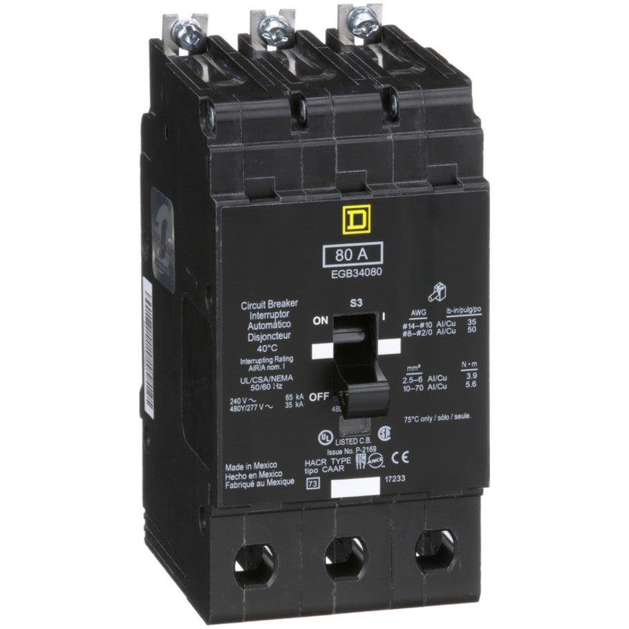 Mini circuit breaker, E-Frame, 80A, 3 pole, 480Y/277VAC, 65kA max, bolt on  TAA