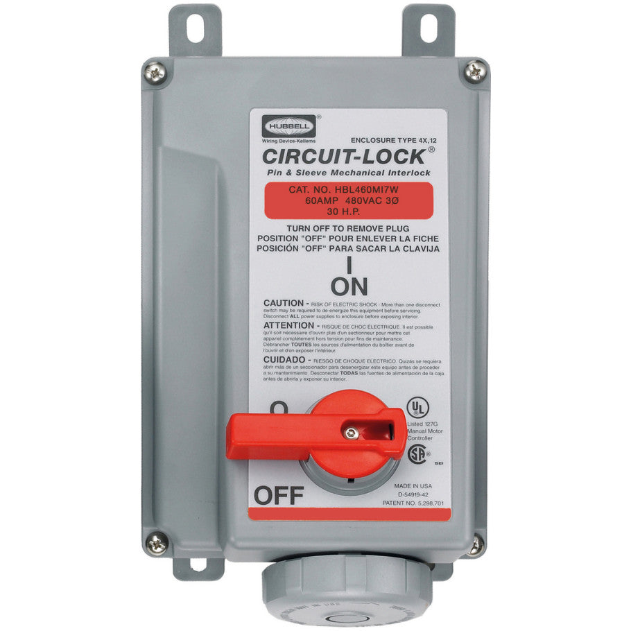 Watertight IEC Pin and Sleeve Unfused Mechanical Interlock, 60A, 3-Phase, 480V, 3P4W, Red