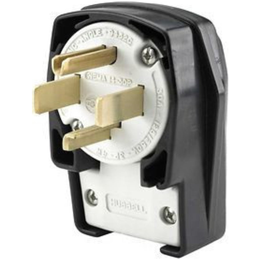 Straight Blade Plug, Angled, 4-Position, 30A, 125/250V, 3P4W, NEMA 14-30P, Cord Dia. 0.625 to 1.310 in., Black/White