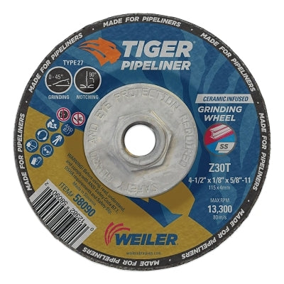 Tiger Pipeliner Grinding Wheel, 4-1/2 in dia X 1/8 in Thick x 5/8 in-11 Hub, Z30T, Type 27