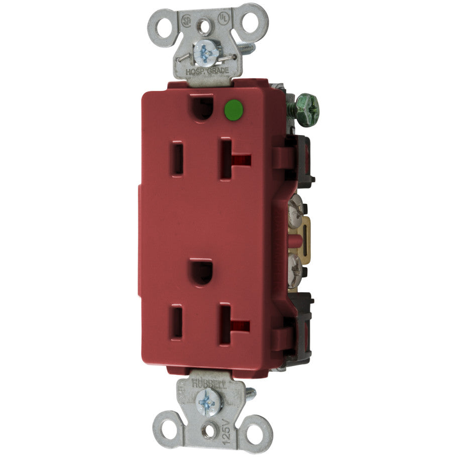 Hubbell-Pro Straight Blade Decorator Duplex Receptacle, Hospital Grade, 20A, 125V, 2P3W, NEMA 5-20R, Red