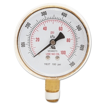 Pressure Gauge, 2-1/2 in, 100 psi, Brass, 1/4 in NPT