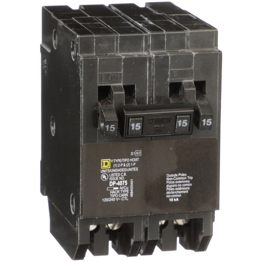 Homeline Quad Tandem Circuit Breaker, Plug-In, 10kA, 120/240 Vac, (2) 1-Pole 15A, (1) 2-Pole 20A