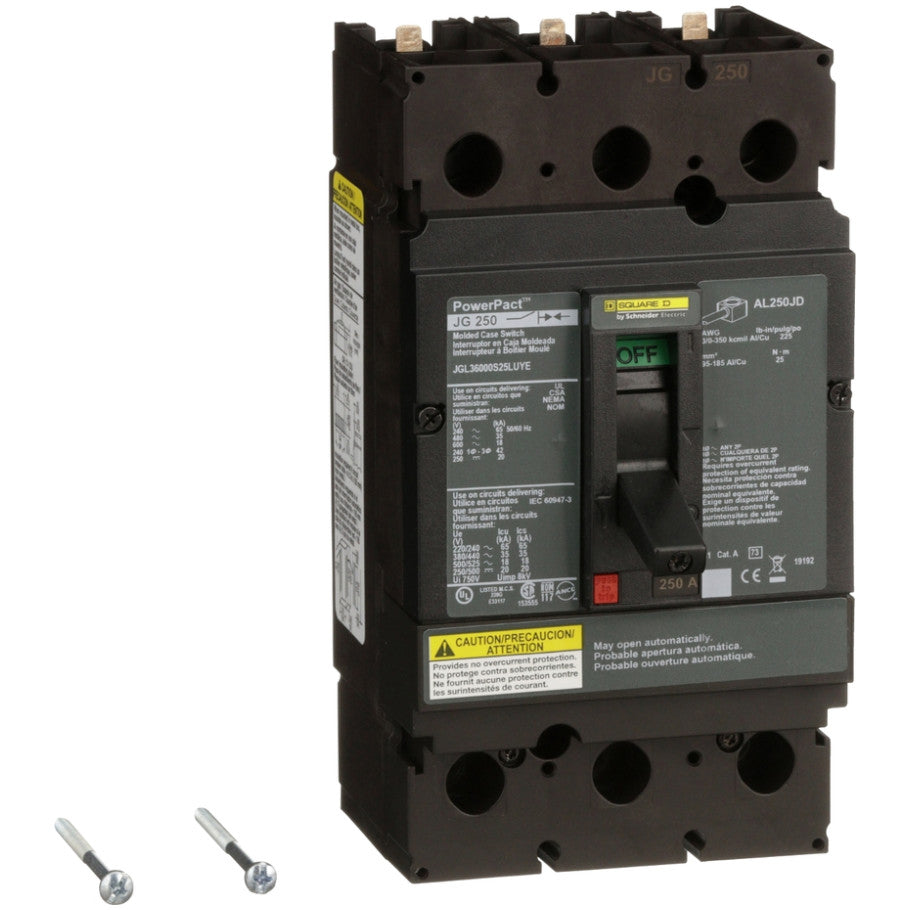 PowerPact Automatic Molded Case Switch, J-Frame, Unit Mount, 600 Vac, 3-Pole, 250A, Handle Extension, Control Wire OFF End